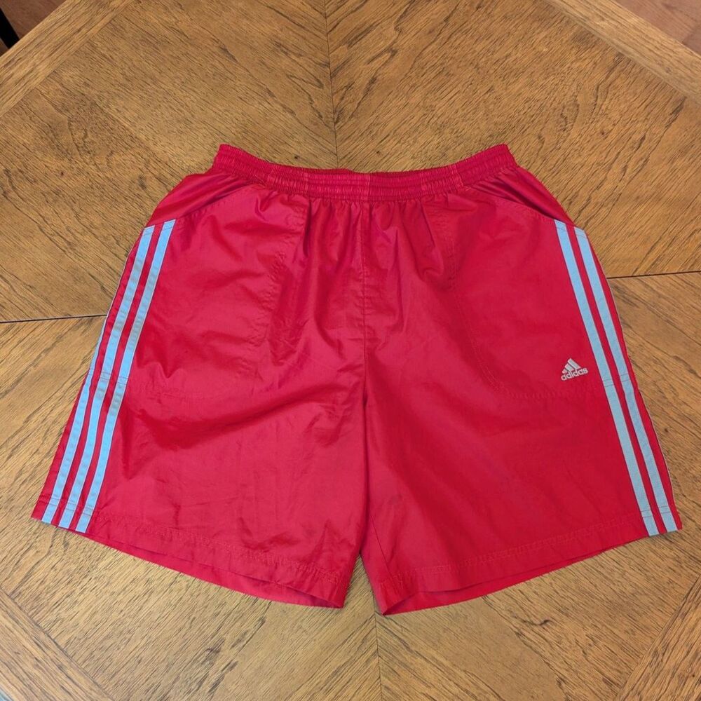 Retro Y2K Adidas Red and White Striped Athletic Soccer Shorts Youth L Swishy